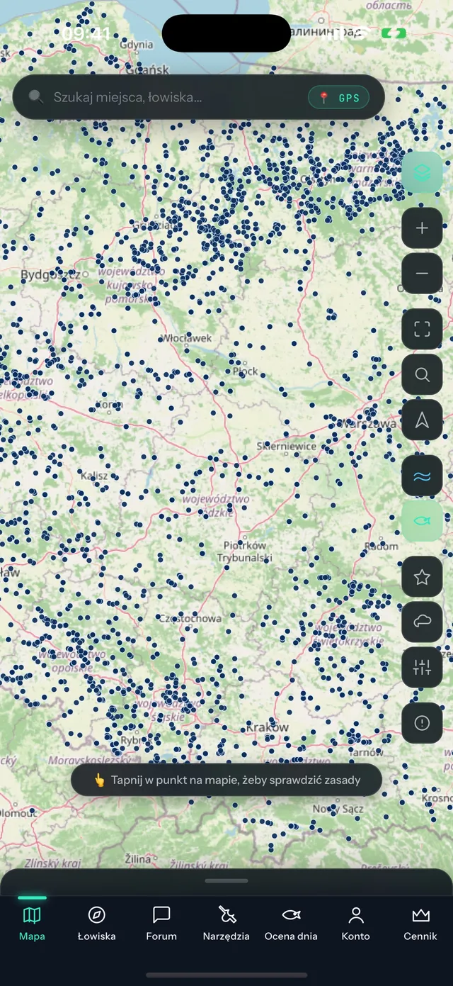 Aplikacja FishRadar na iPhonie: mapa łowisk w Polsce