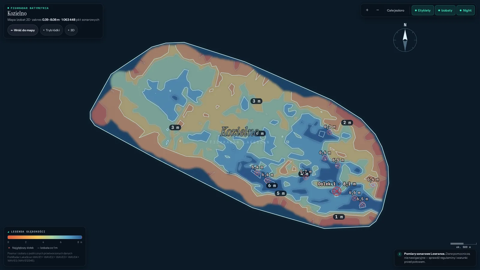 Mapa batymetryczna 2D jeziora Kozielno z izobatami i opisanymi dołkami