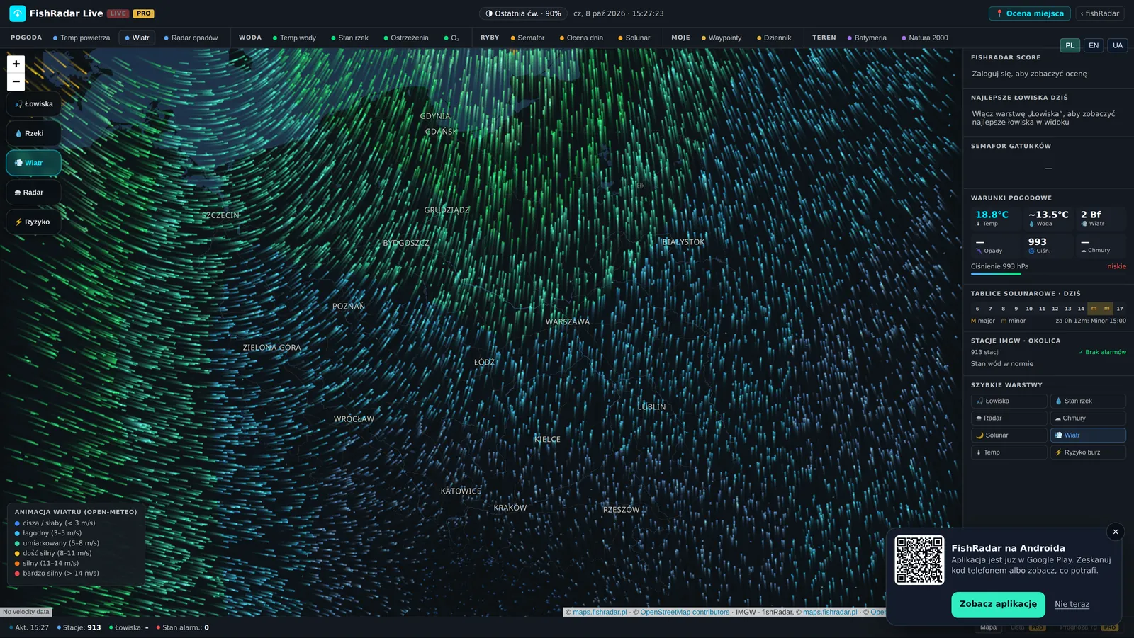 FishRadar Live: Animacja wiatru