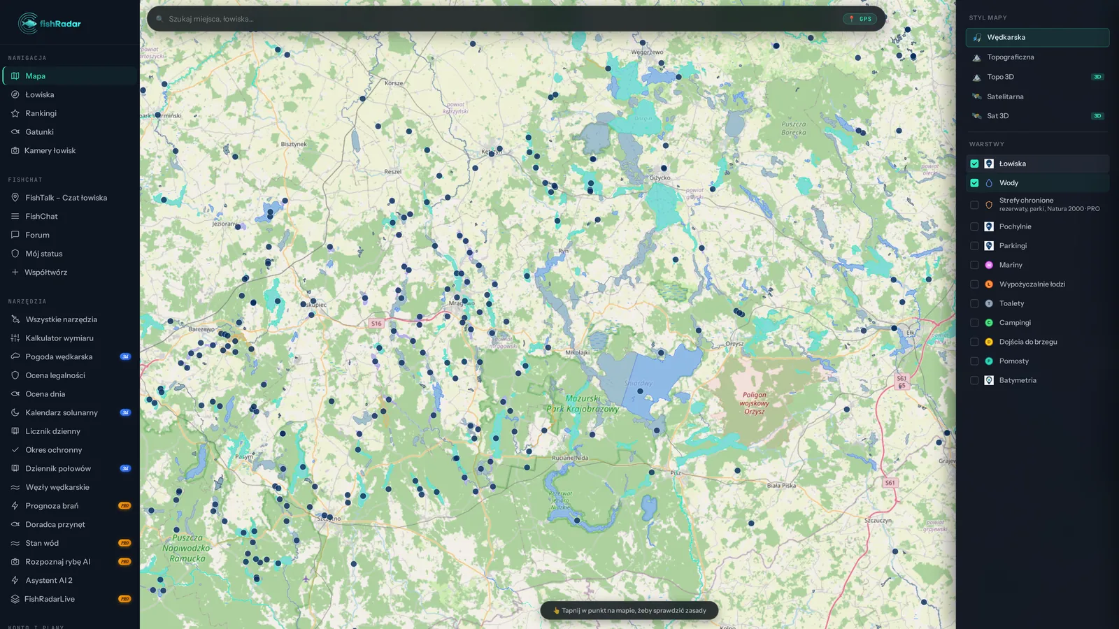 Panel stylów i warstw — zrzut mapy FishRadar