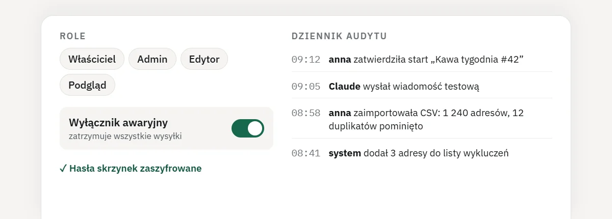 Role użytkowników, wyłącznik awaryjny wysyłki i dziennik audytu