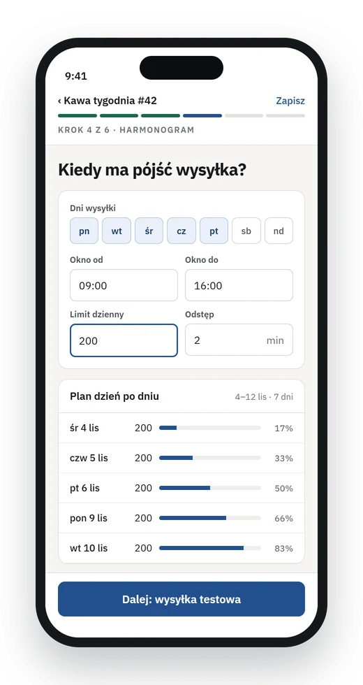 Harmonogram wysyłki w UnitMailer na telefonie