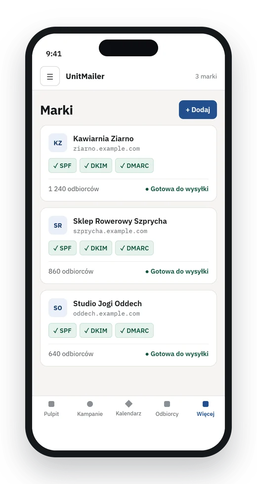 Lista marek w UnitMailer na telefonie