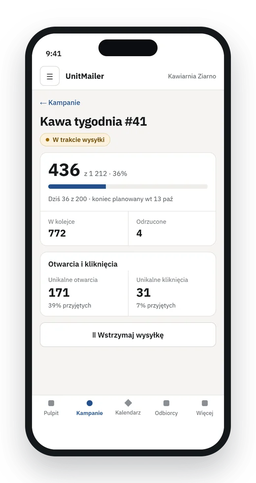 Postęp kampanii w UnitMailer na telefonie