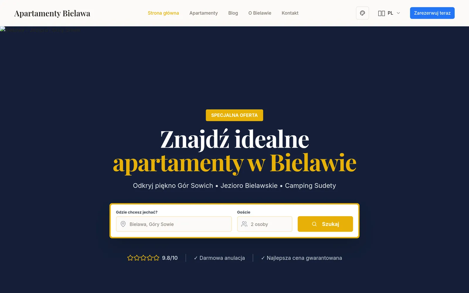 Strona Apartamenty Bielawa z wyszukiwarką terminów