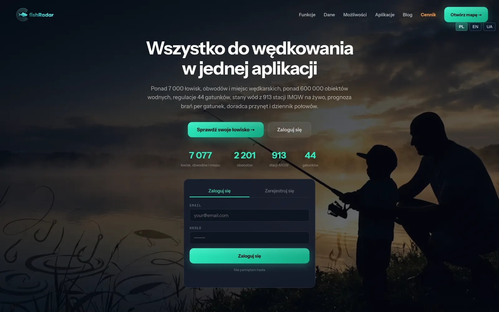 Strona główna FishRadar: 7 077 łowisk, 2 201 obwodów, 913 stacji IMGW, 44 gatunki