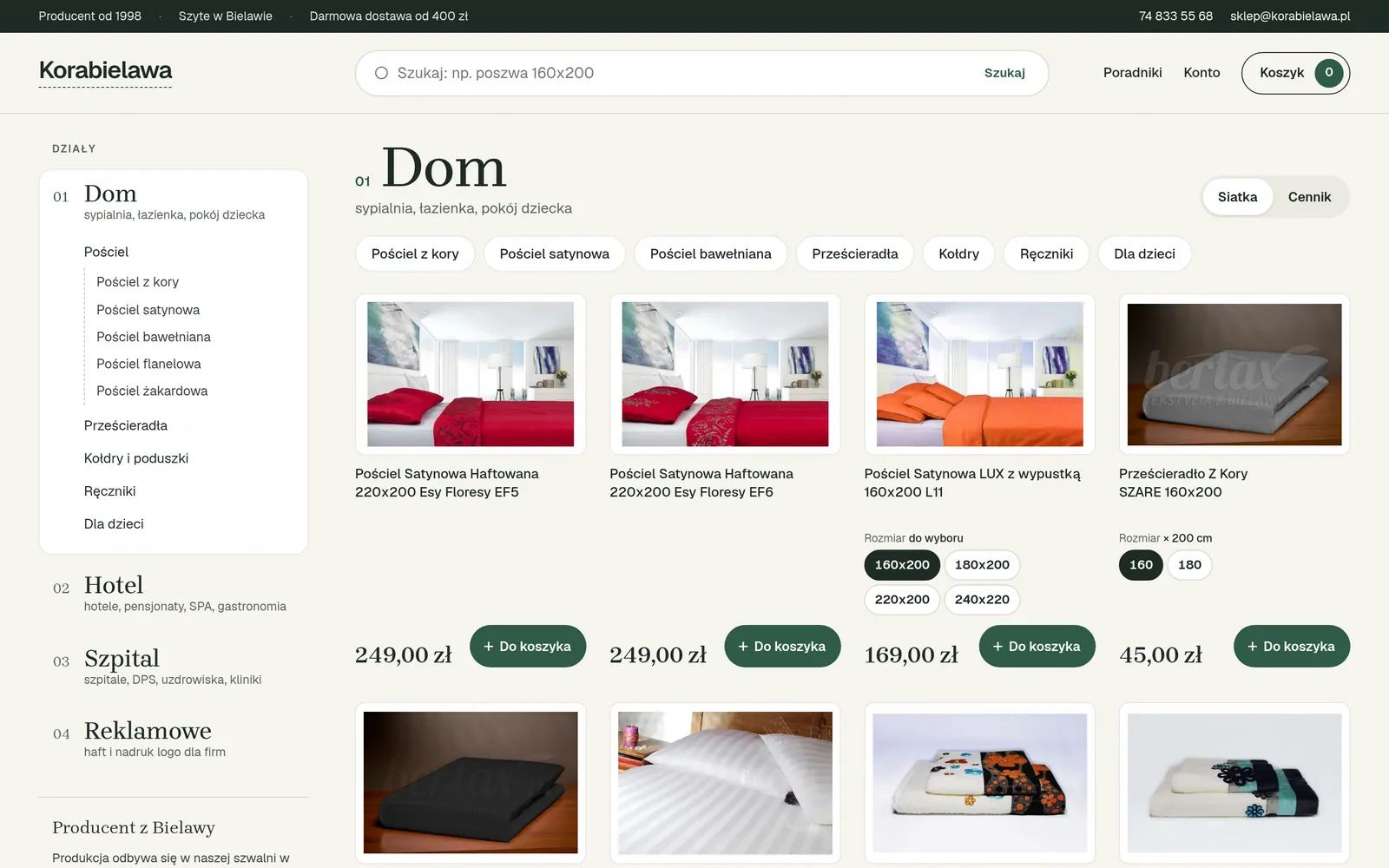 Sklep Korabielawa zbudowany na Medusie i Next.js: katalog pościeli z wyborem rozmiaru i ceną