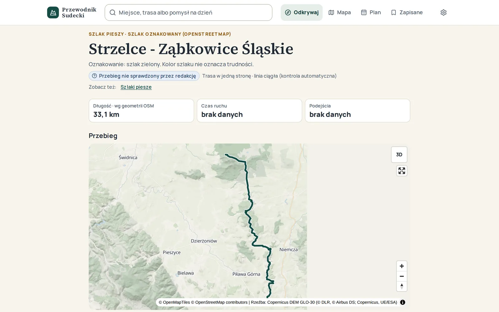 Przewodnik Sudecki na stagingu: karta szlaku Strzelce – Ząbkowice Śląskie z mapą przebiegu (mapa © OpenStreetMap contributors)